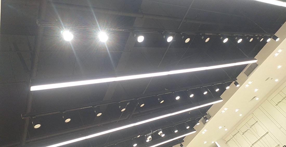 Retail store track lighting rows